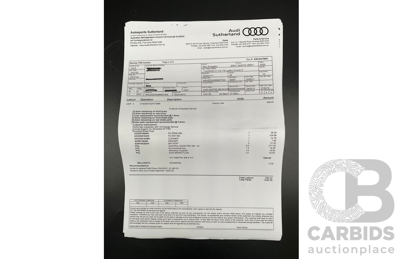 3/2012 Audi A6 3.0 TDi S-Line Quattro 4GL 4d Sedan Dakota Grey Metallic Turbo Diesel V6 3.0L