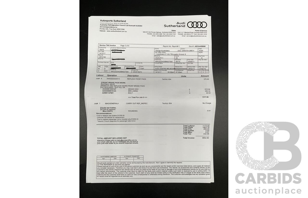 3/2012 Audi A6 3.0 TDi S-Line Quattro 4GL 4d Sedan Dakota Grey Metallic Turbo Diesel V6 3.0L