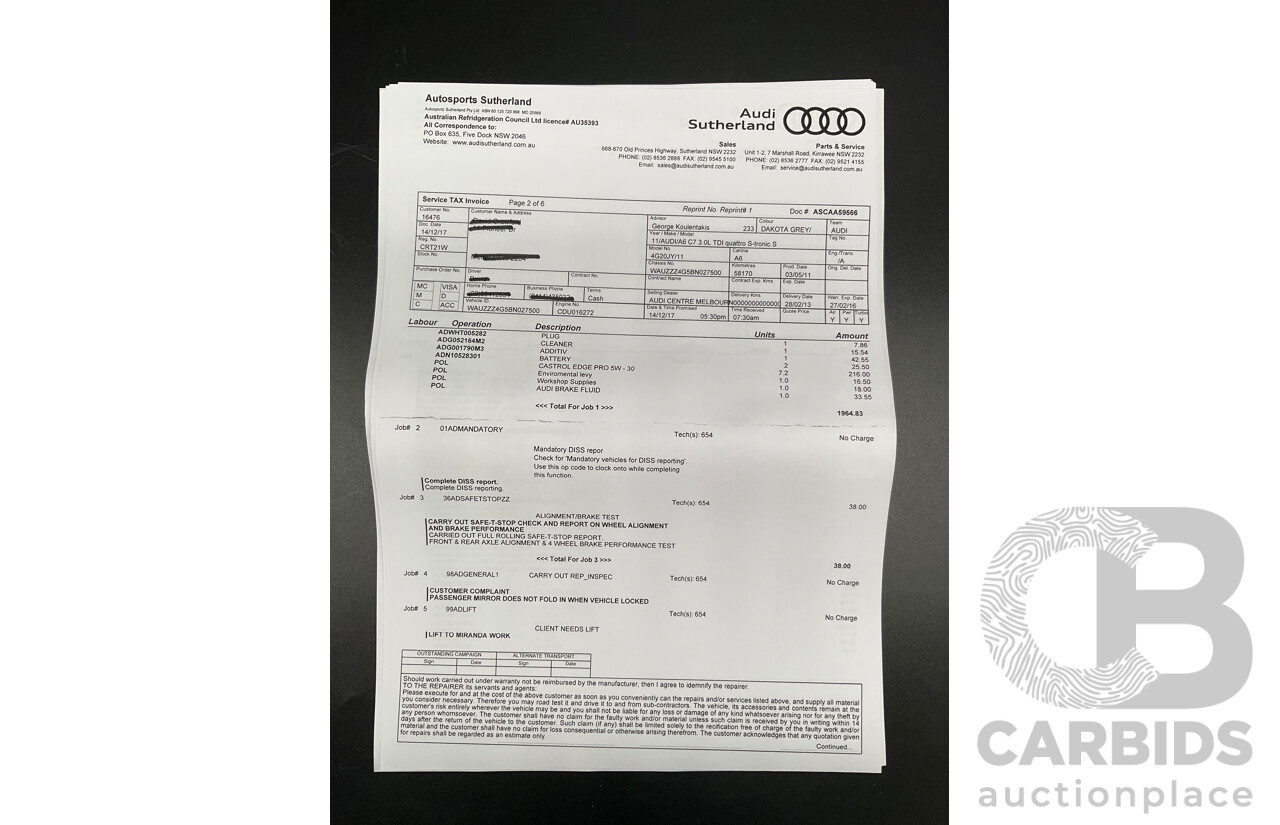 3/2012 Audi A6 3.0 TDi S-Line Quattro 4GL 4d Sedan Dakota Grey Metallic Turbo Diesel V6 3.0L