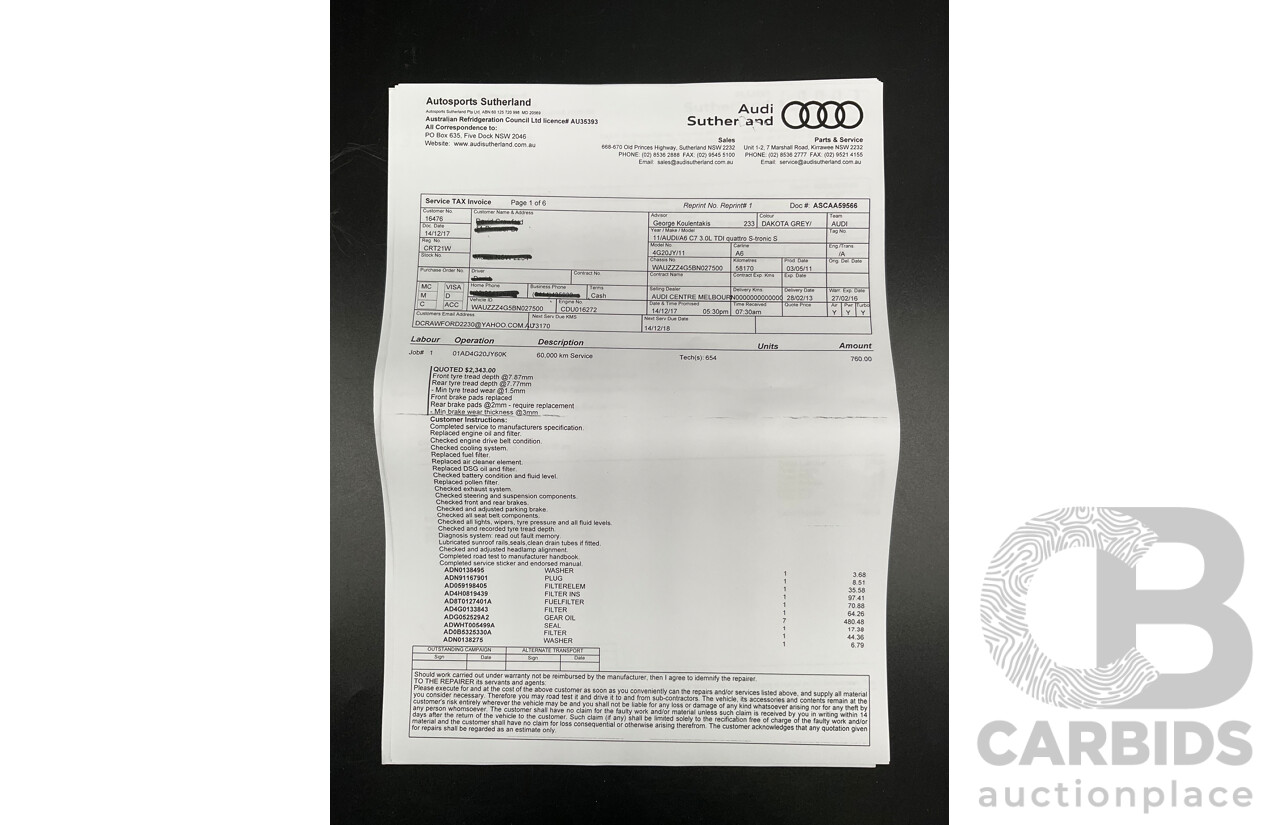 3/2012 Audi A6 3.0 TDi S-Line Quattro 4GL 4d Sedan Dakota Grey Metallic Turbo Diesel V6 3.0L