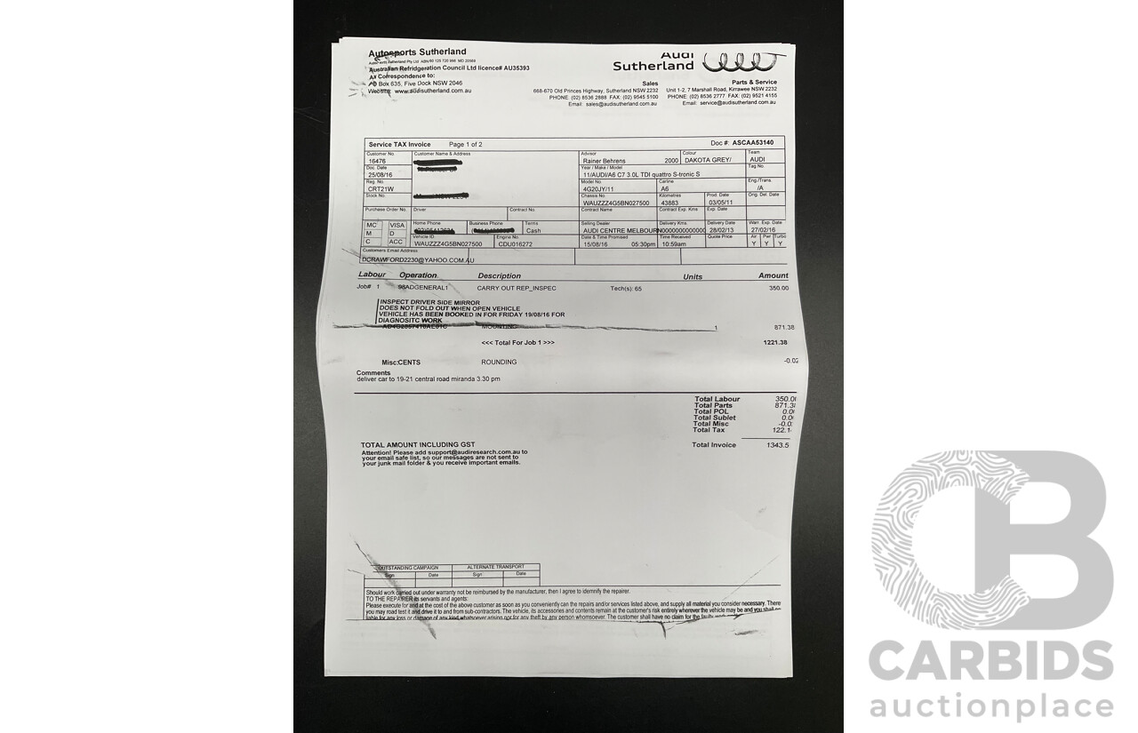 3/2012 Audi A6 3.0 TDi S-Line Quattro 4GL 4d Sedan Dakota Grey Metallic Turbo Diesel V6 3.0L