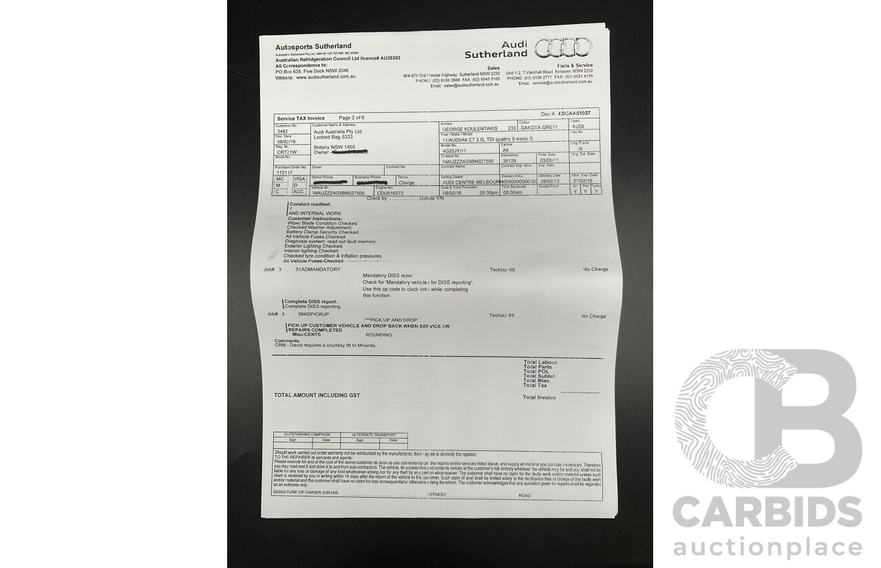 3/2012 Audi A6 3.0 TDi S-Line Quattro 4GL 4d Sedan Dakota Grey Metallic Turbo Diesel V6 3.0L