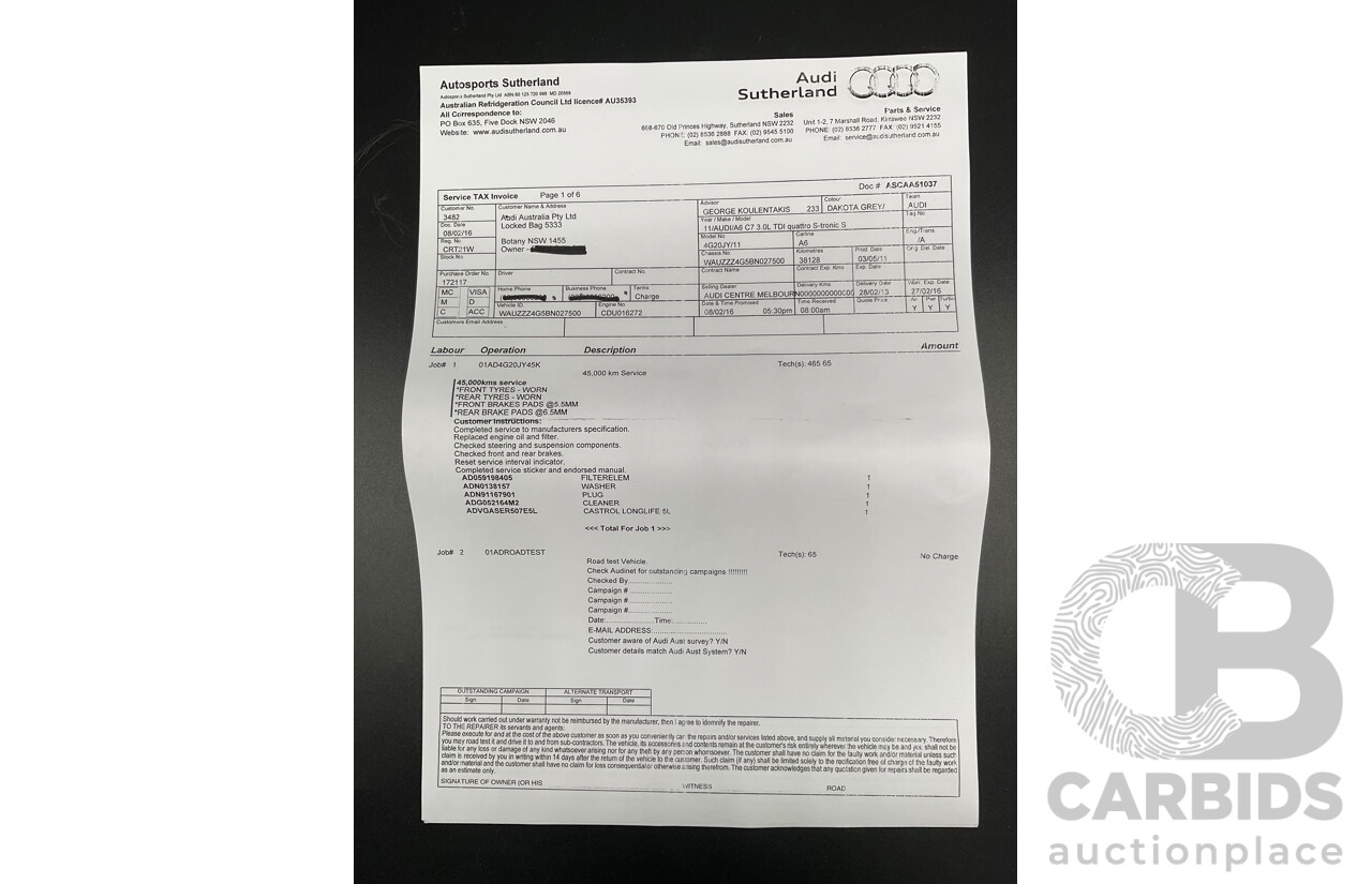 3/2012 Audi A6 3.0 TDi S-Line Quattro 4GL 4d Sedan Dakota Grey Metallic Turbo Diesel V6 3.0L