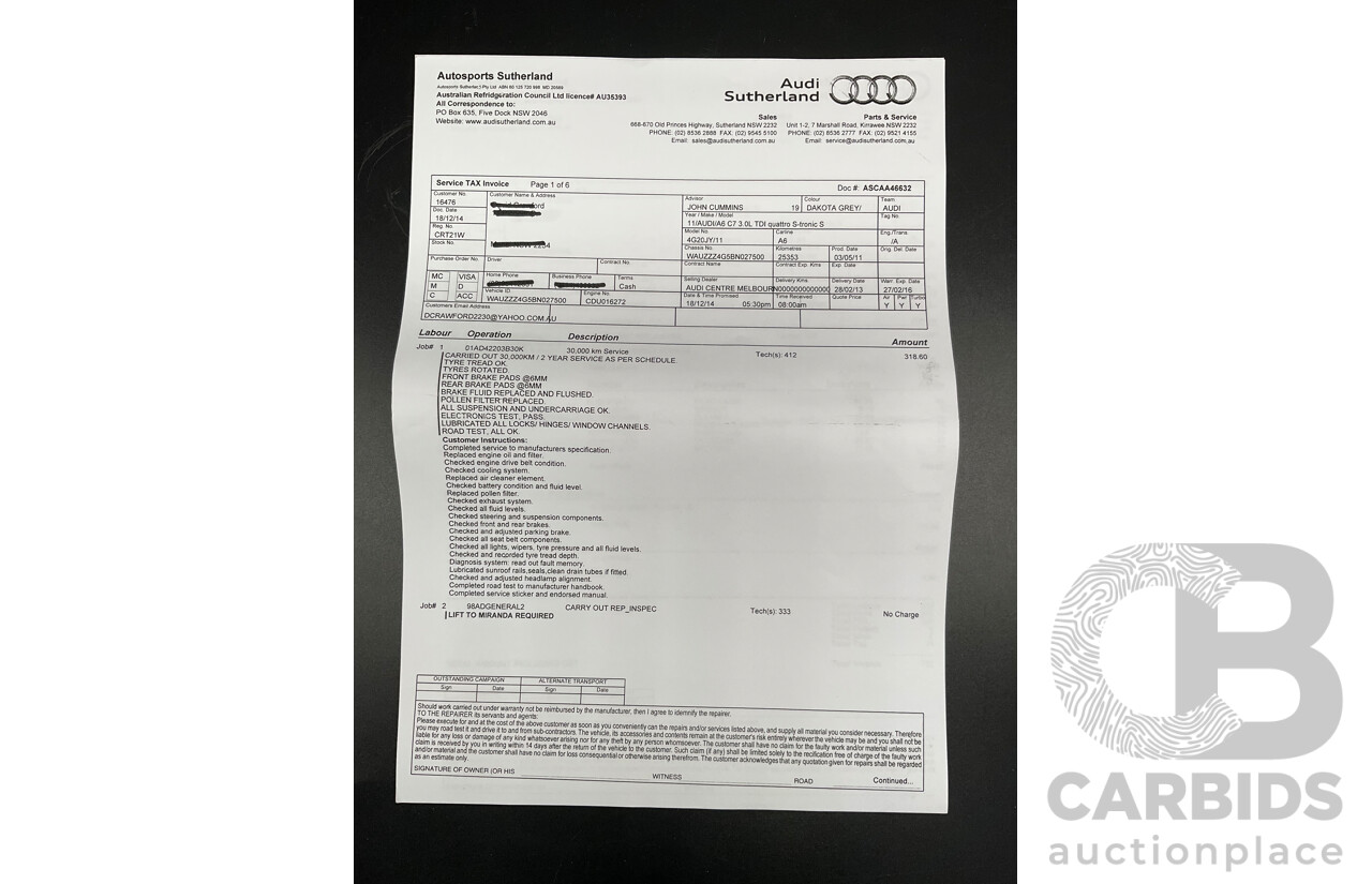 3/2012 Audi A6 3.0 TDi S-Line Quattro 4GL 4d Sedan Dakota Grey Metallic Turbo Diesel V6 3.0L