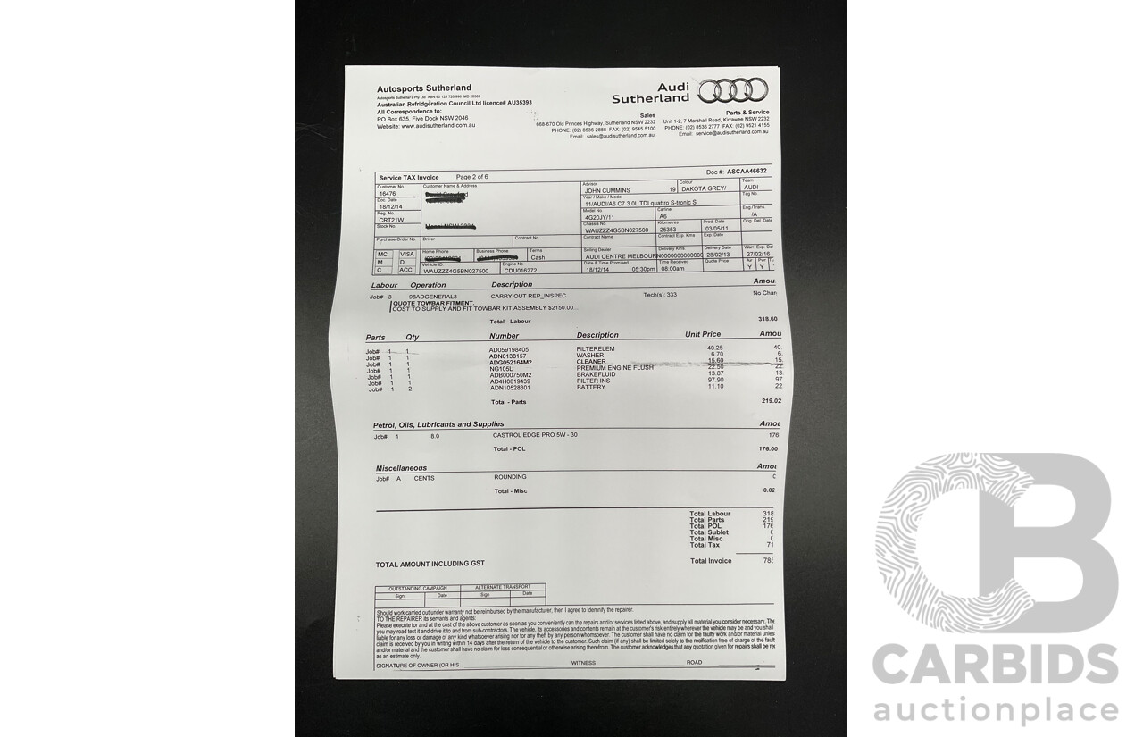 3/2012 Audi A6 3.0 TDi S-Line Quattro 4GL 4d Sedan Dakota Grey Metallic Turbo Diesel V6 3.0L