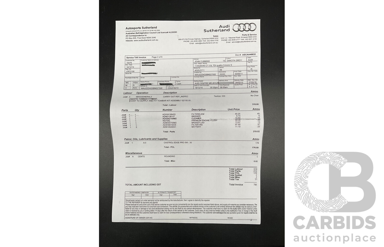 3/2012 Audi A6 3.0 TDi S-Line Quattro 4GL 4d Sedan Dakota Grey Metallic Turbo Diesel V6 3.0L