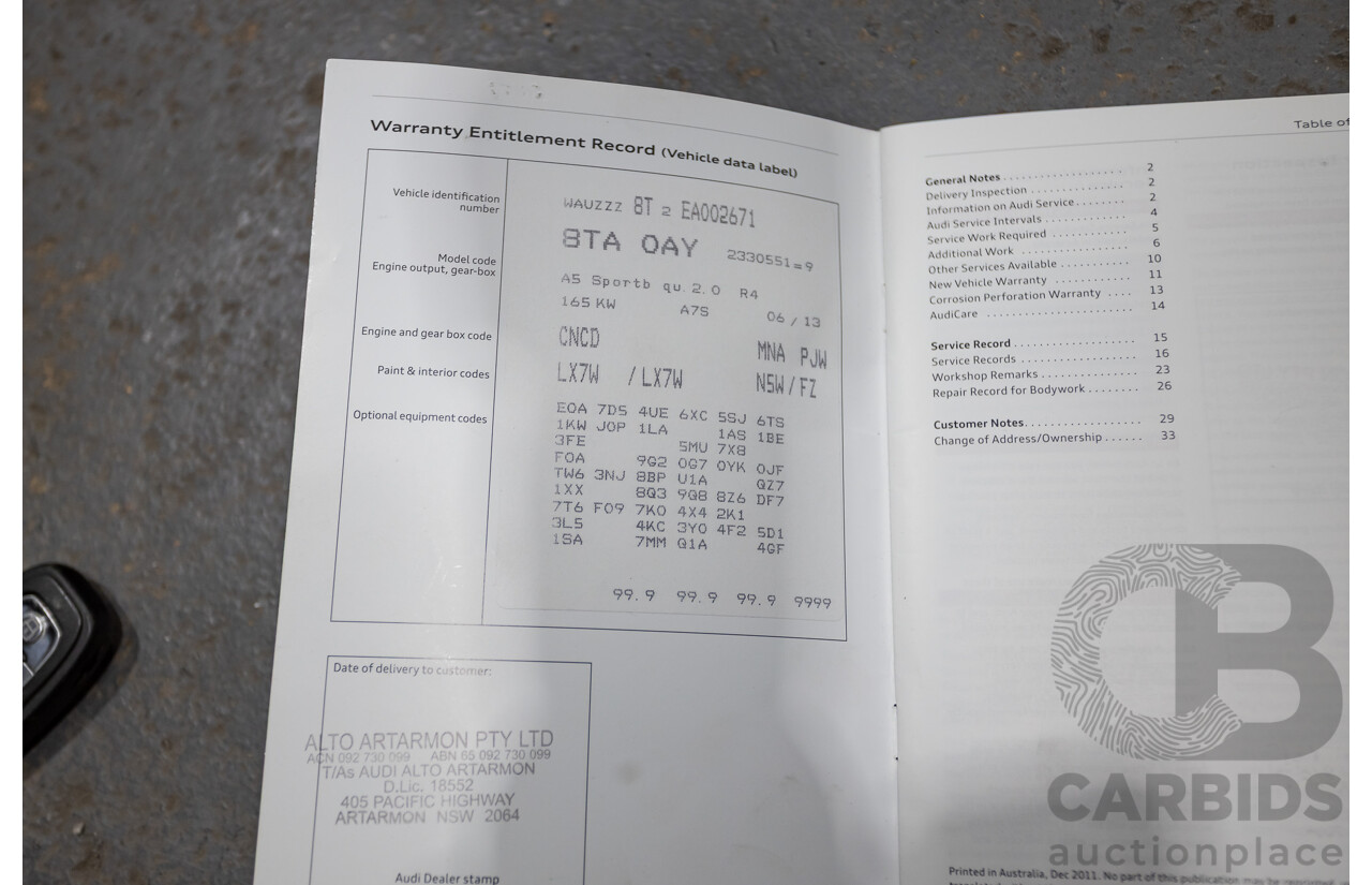 11/2013 Audi A5 Sportback 2.0 TFSI Quattro (AWD) 8T MY13 5d Ice Silver Metallic Turbo 2.0L