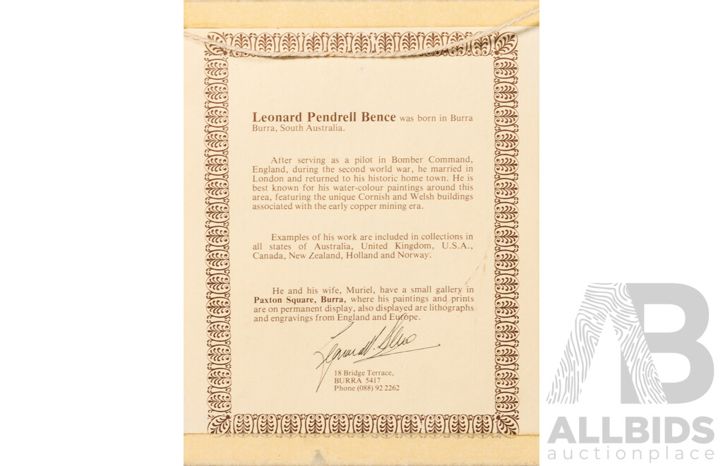 Leonard Pendrell Bence, (20th Century, Australian, 1923-1922), Hampton Cottage, Burra, Quality Colour Photograph of Bence's Original Watercolour, 33 x 38.5 cm (frame)