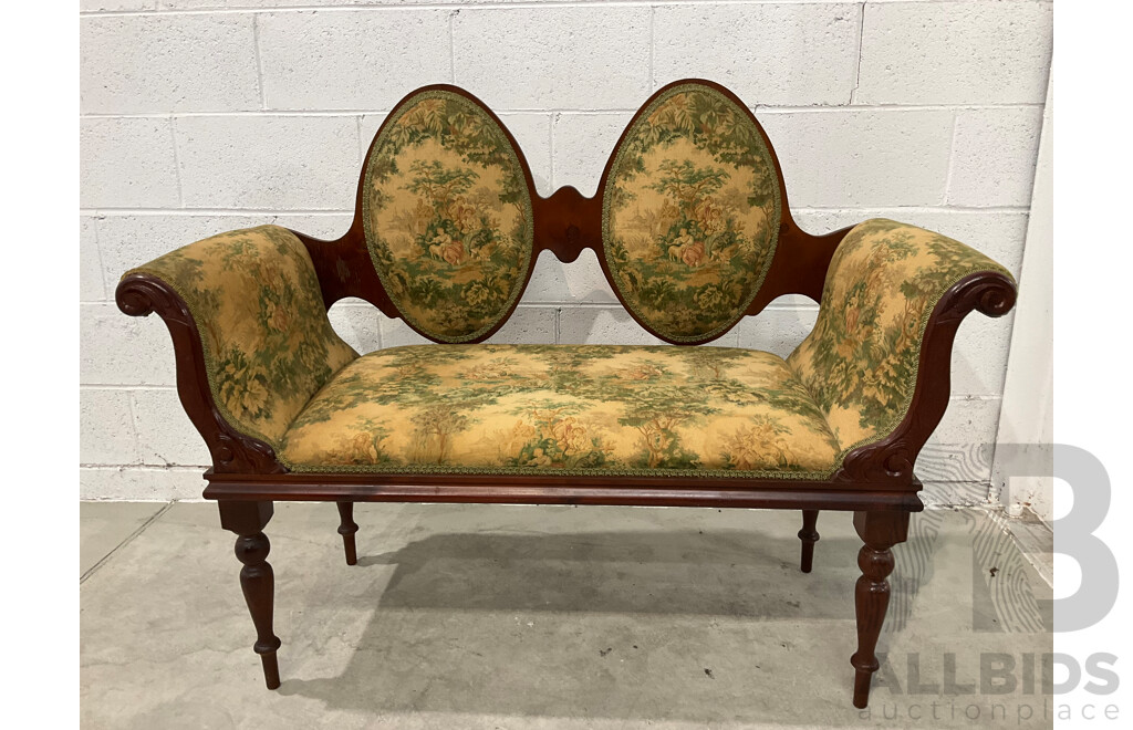 Edwardian Mahogany Double Cameo Back Settee with Tapestry Upholstery