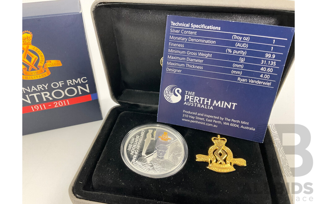 Australian Perth Mint 2011 Silver One Dollar and Badge Set, Centenary of RMC Duntroon .999