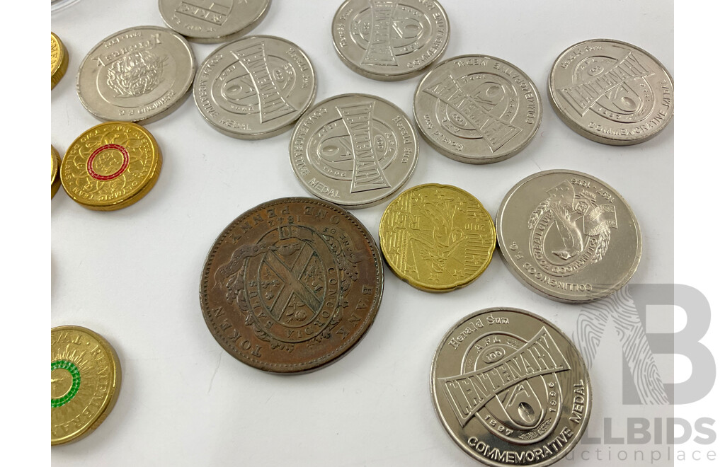 Collection of Australian Commemorative Two Dollars Including 2014 Remembrance, 2016 Olympics, Canada 1842 Bank Token, AFL Medallions, Two Bit Coins