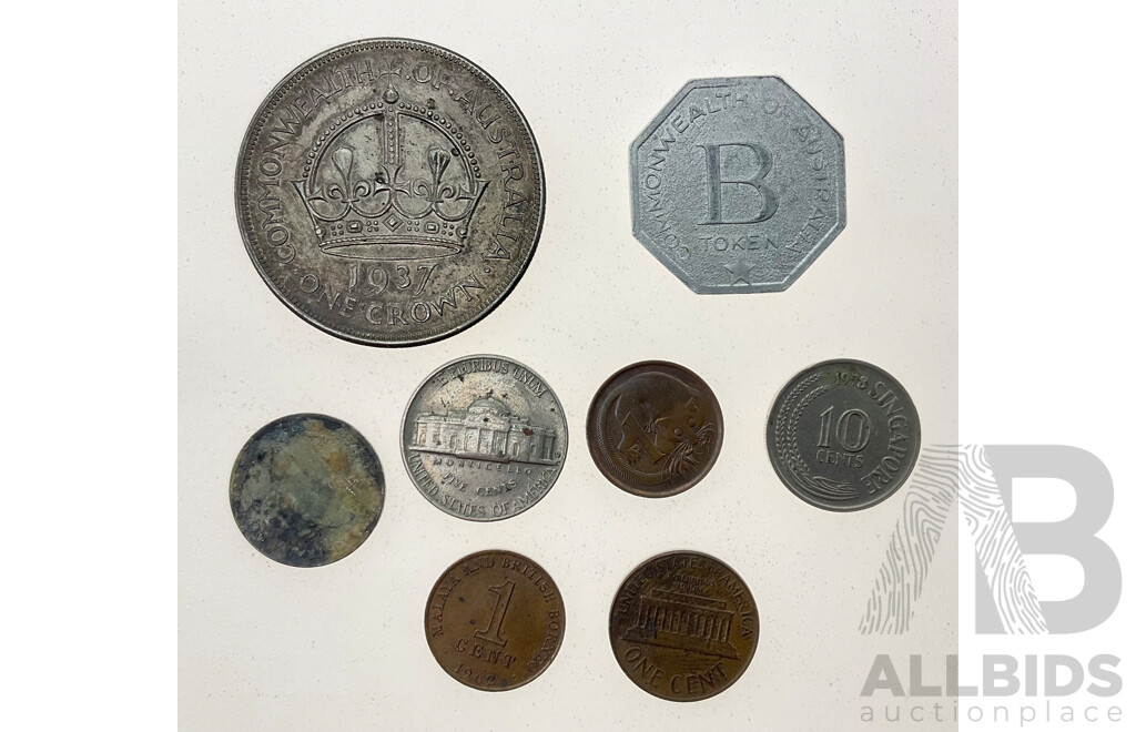 Australian 1937 KGVI Silver Crown .925, Commonwealth of Australia Biscuit Token, USA and Singapore Coins
