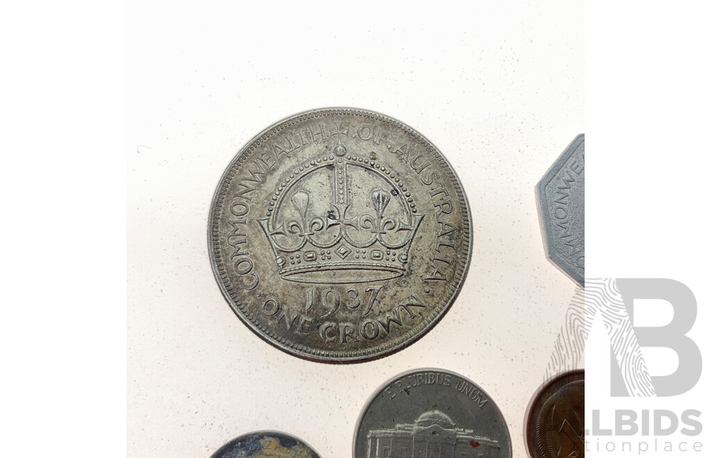 Australian 1937 KGVI Silver Crown .925, Commonwealth of Australia Biscuit Token, USA and Singapore Coins