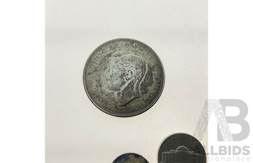 Australian 1937 KGVI Silver Crown .925, Commonwealth of Australia Biscuit Token, USA and Singapore Coins