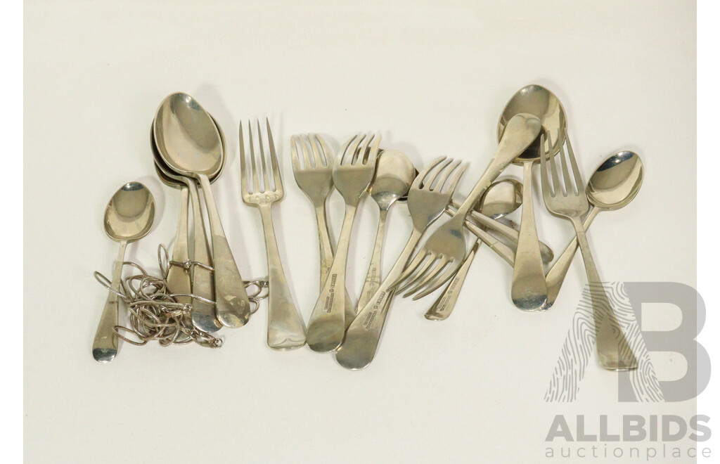 Vintage Cowan's Stainless Steel Forks and Spoons with Two Silver Tone Necklaces
