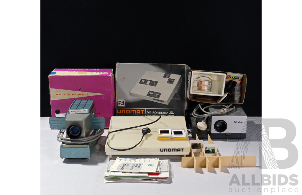 Collection Slide Equipment Including Rollei P 350 a Slide Projector, Unomat Slide Sorter in Box and More