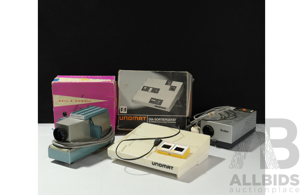 Collection Slide Equipment Including Rollei P 350 a Slide Projector, Unomat Slide Sorter in Box and More