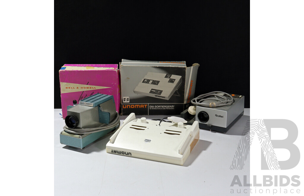 Collection Slide Equipment Including Rollei P 350 a Slide Projector, Unomat Slide Sorter in Box and More