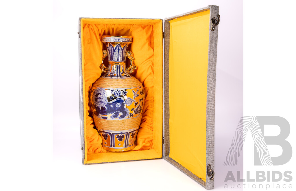 Large Chinese Hand Decorated Twin Handled Porcelain Vase with Bands of Applied Raised Gilt & Blue & White Floral Decoration, in Presentation Box