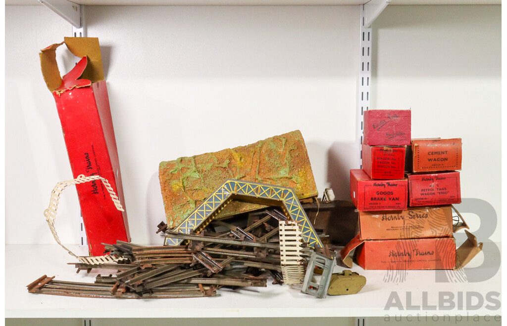 Collection of Vintage Hornby O Gauge Railway Rolling Stock, Scenery Items, Some Boxed