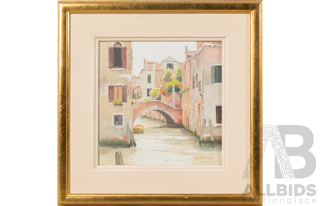 Rick Everingham, (20th Century, Australian, 1945-), Yellow Boat, Venice, Wonderful Original Oil on Canvas Board, 49 x 49 cm (frame)