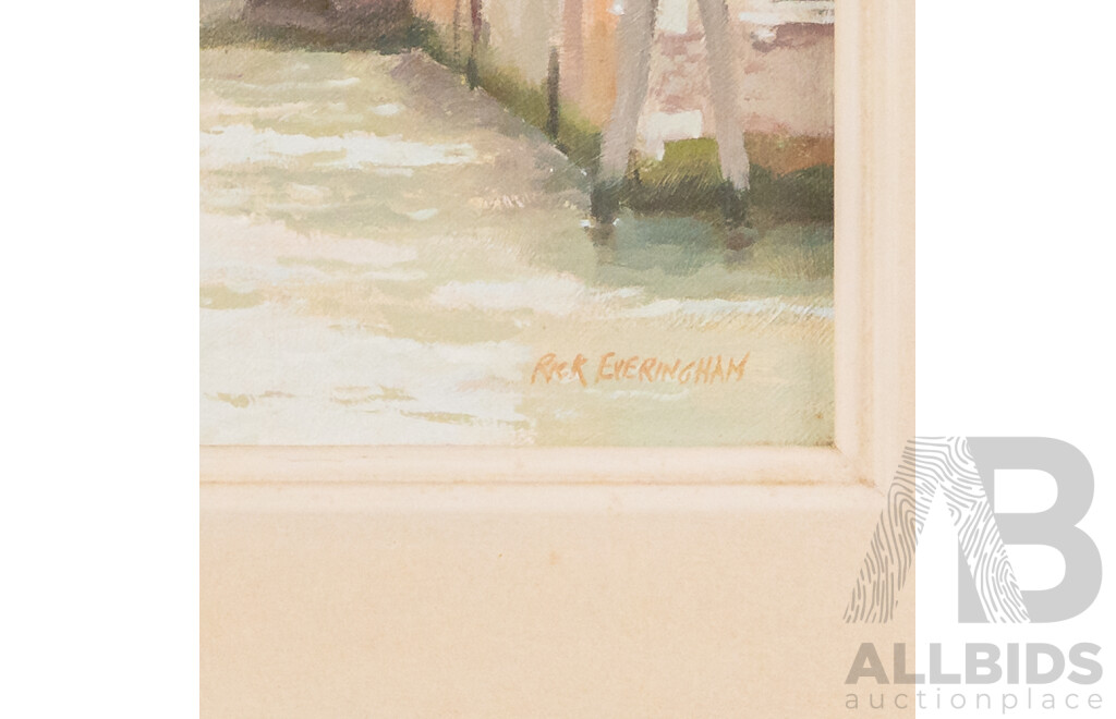 Rick Everingham, (20th Century, Australian, 1945-), Yellow Boat, Venice, Wonderful Original Oil on Canvas Board, 49 x 49 cm (frame)