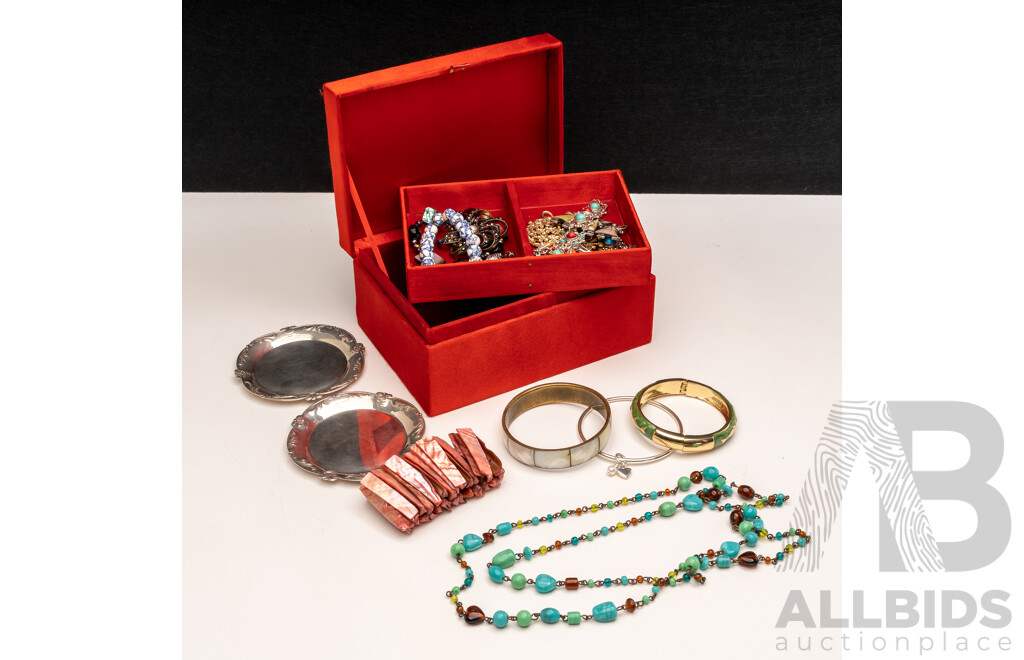 Collection of Vintage Jewellery in Trinket Box, Incl. Turquoise/coral Bracelet & Cloisonné Butterfly Brooch
