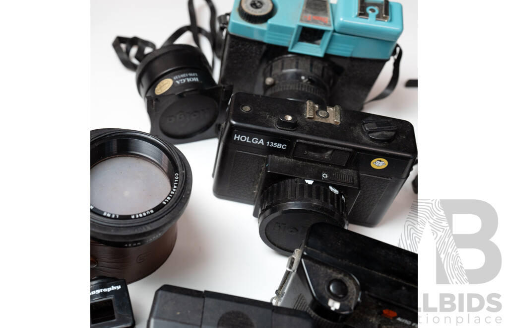 Vintage Cameras, Lenses and Flashes Including Canon ML, Minolta Hi-Matic E, Diana F, Holga 135BC