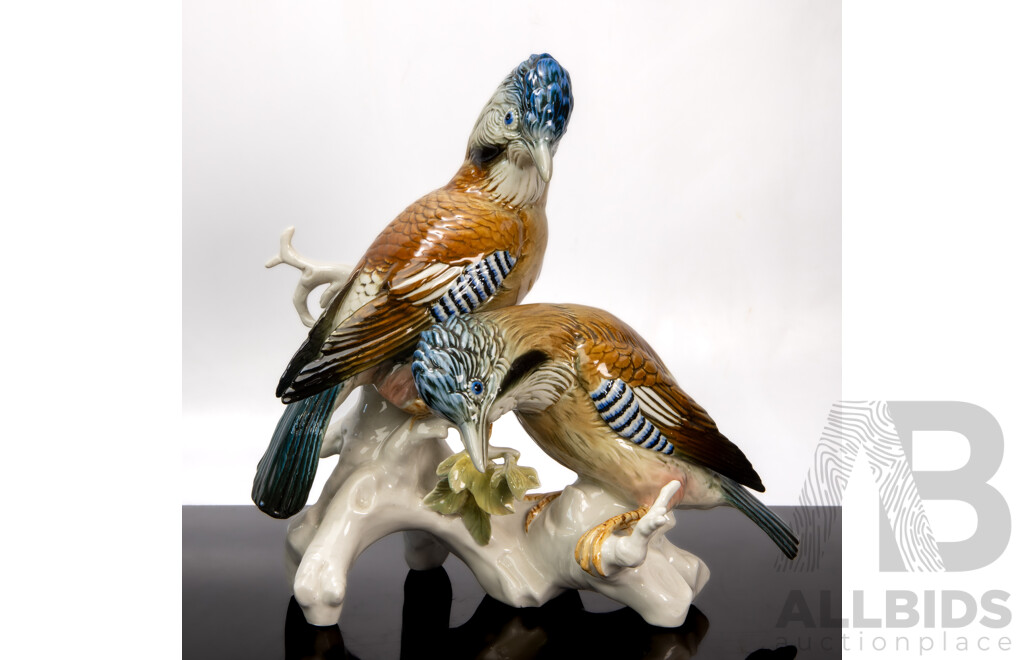 Fine Porcelain Perching Blue Jays by Karl Ens