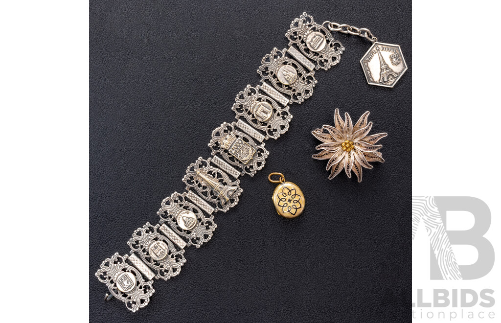 1930's French Silver Plated Souvenier Panel Bracelet with Parisian Landmarks & Eiffel Tower Charm, Vintage Mourning Locket & Brooch