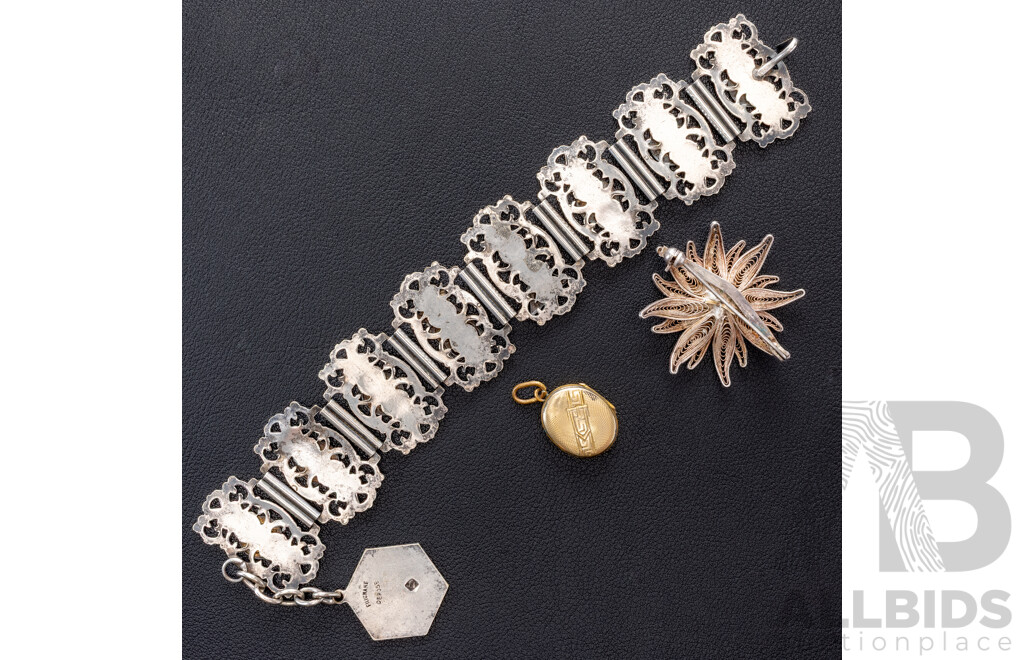 1930's French Silver Plated Souvenier Panel Bracelet with Parisian Landmarks & Eiffel Tower Charm, Vintage Mourning Locket & Brooch
