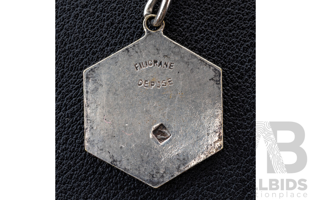 1930's French Silver Plated Souvenier Panel Bracelet with Parisian Landmarks & Eiffel Tower Charm, Vintage Mourning Locket & Brooch