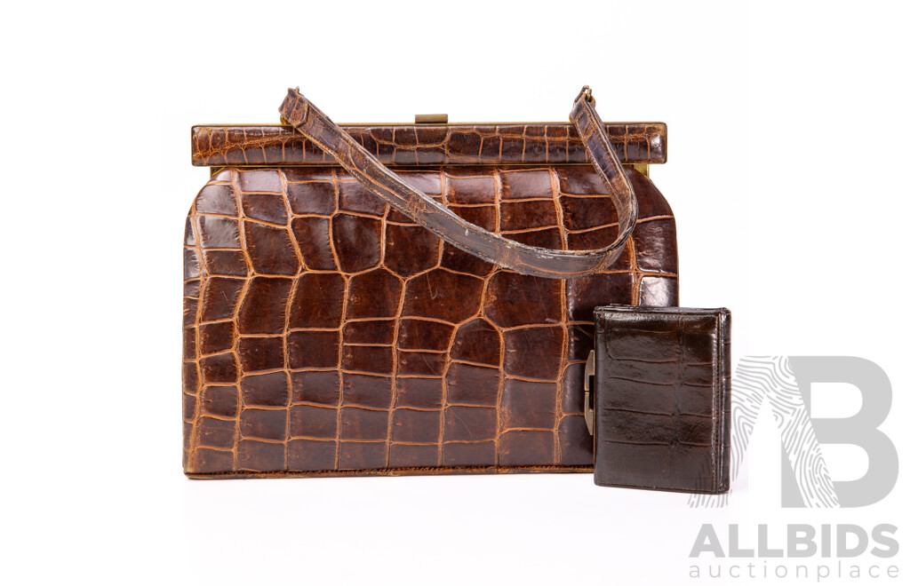 Vintage Australian Crocodile Skin Handbag with Kangaroo Skin Lining with Matching Purse, by H. Stevens, Sydney