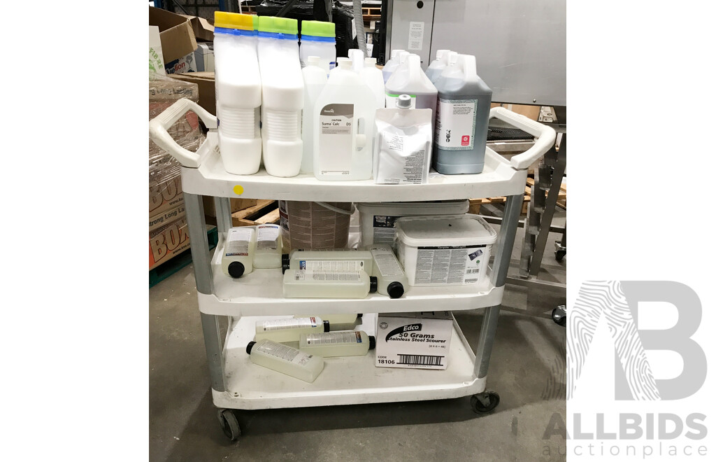 Rubbermaid 3 Tier Plastic Trolley with Assorted Cleaning Chemicals