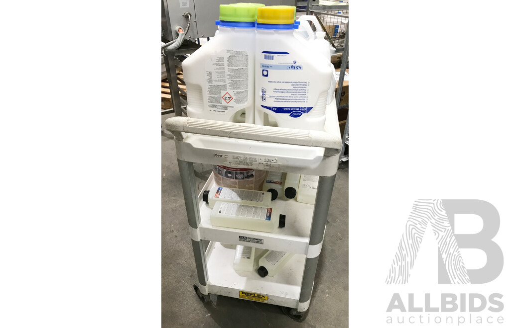 Rubbermaid 3 Tier Plastic Trolley with Assorted Cleaning Chemicals