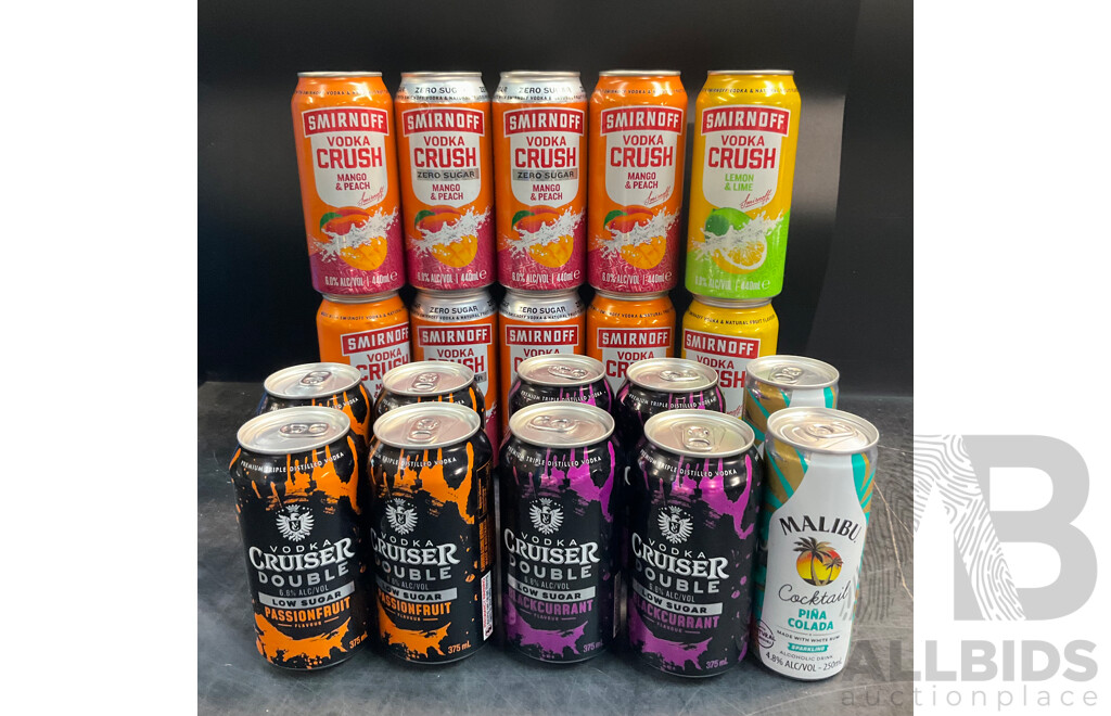 SMIRNOFF Vodka Crush & Cruiser Vodka Drinks & Malibu Pina Colada Alcoholic Drink - Lot of 20