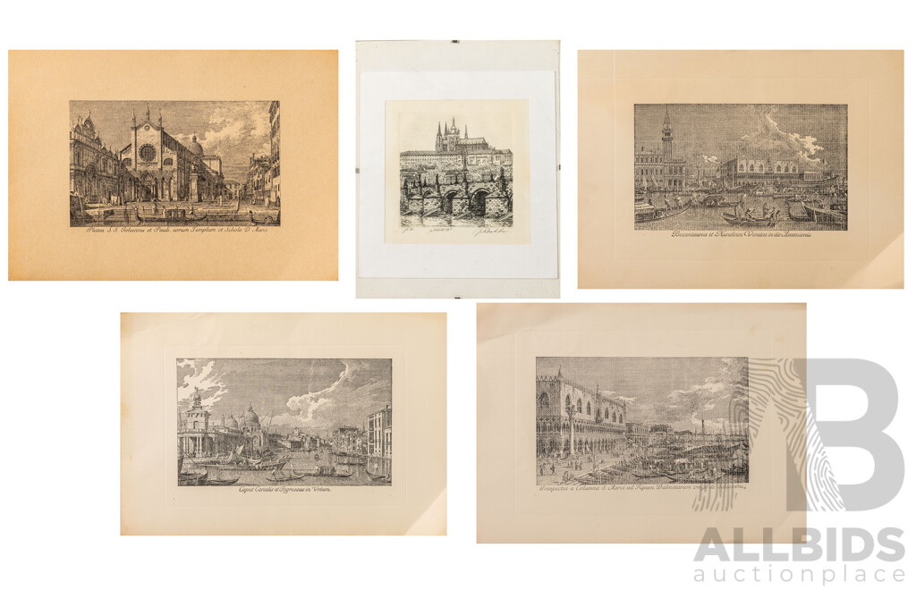 Artist Unknown, (20th Century), Prague, Vintage Etching & Four Steel Engraving Prints, 24 x 33 cm (largest sheets) (5)