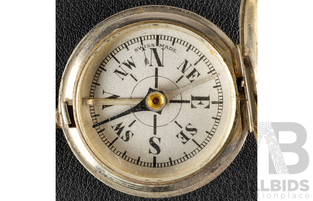 Vintage Pocket Compass Early 20th Century, Silver Tone, 45mm