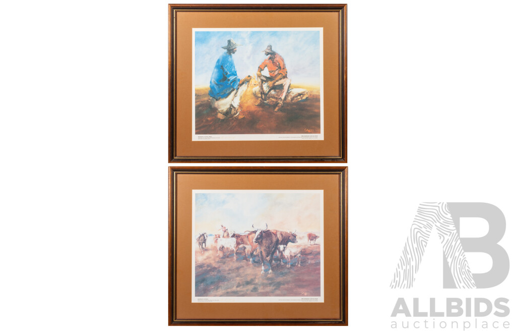 Hugh Sawrey, (20th Century, Australian, 1919-1999), Kidman Cattle & Kidman Cattle Men, Pair of Quality Reproduction Prints From Original Oils on Canvas, 59 x 66 cm (frames) (2)