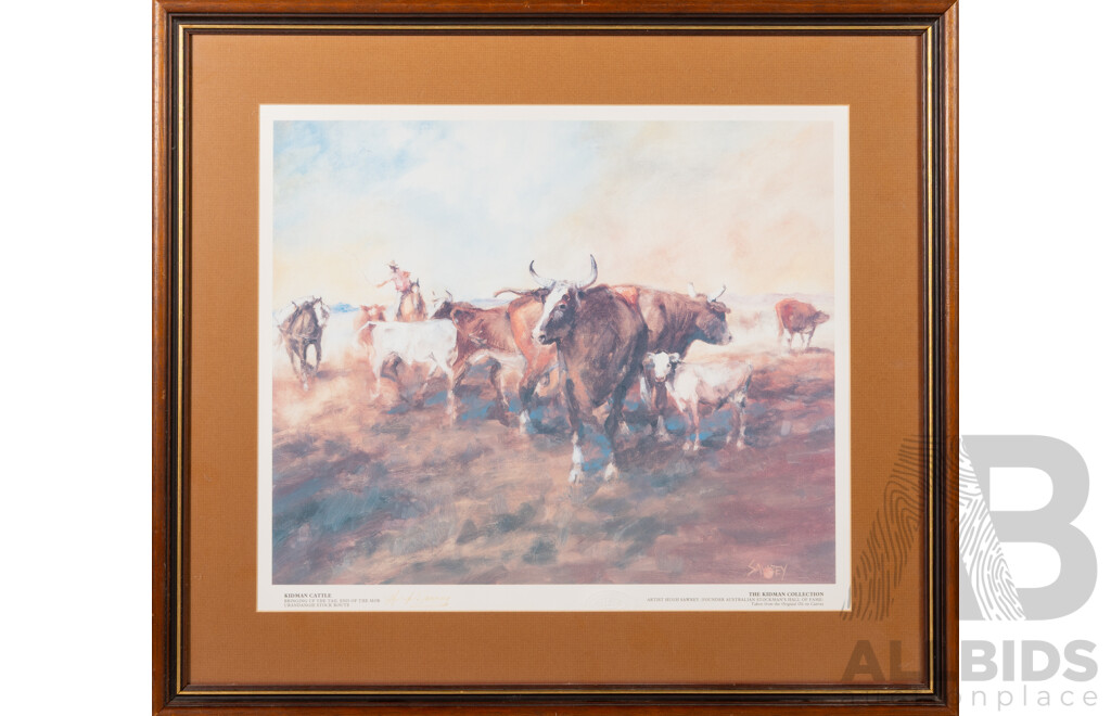 Hugh Sawrey, (20th Century, Australian, 1919-1999), Kidman Cattle & Kidman Cattle Men, Pair of Quality Reproduction Prints From Original Oils on Canvas, 59 x 66 cm (frames) (2)