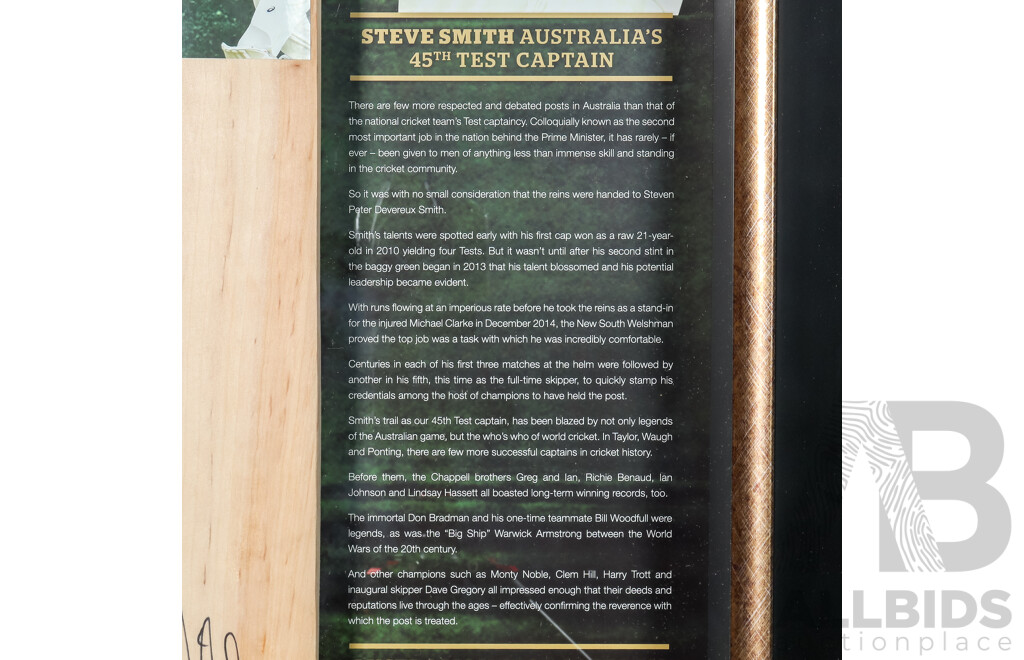Steve Smith “National Honour” Limited Edition Signed Framed Cricket Bat, Australia’s 45th Test Captain