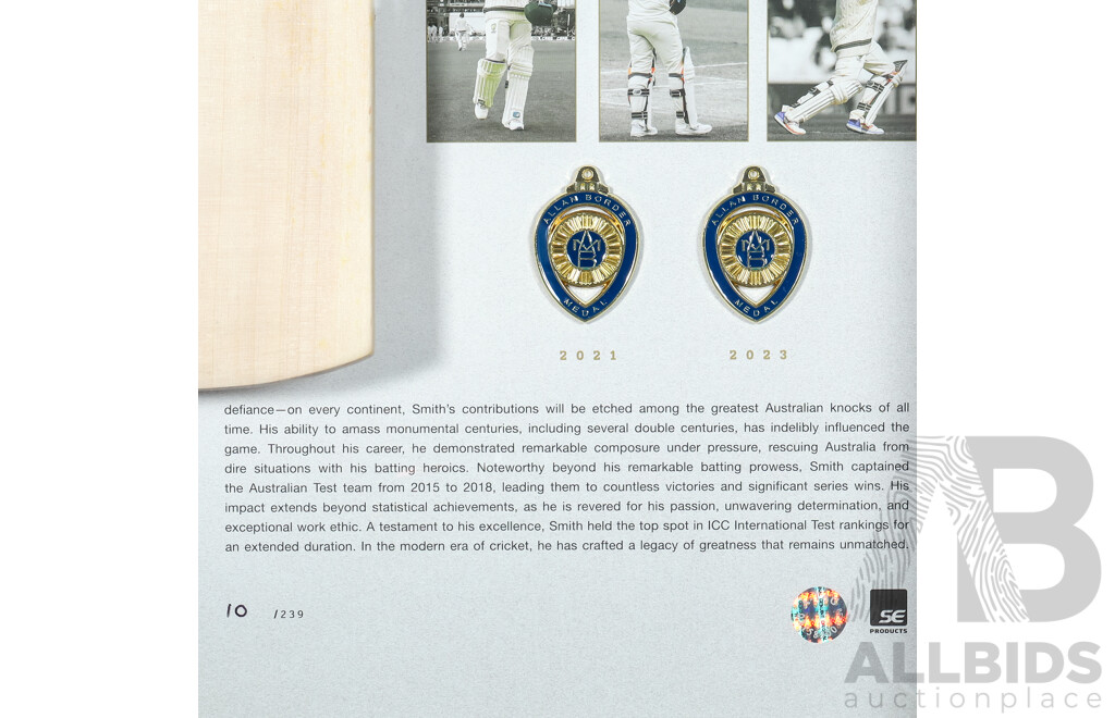 Steve Smith Limited Edition Signed Framed Cricket Bat, 'Australia’s Modern Run Machine' No. 10 of 239