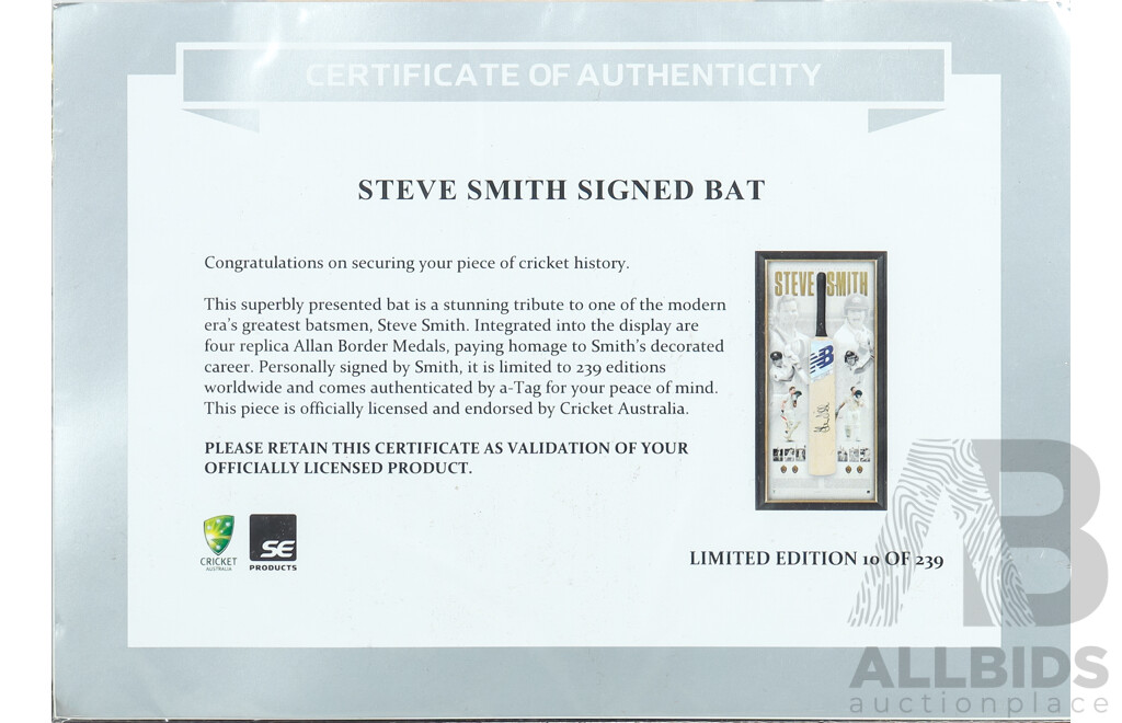 Steve Smith Limited Edition Signed Framed Cricket Bat, 'Australia’s Modern Run Machine' No. 10 of 239