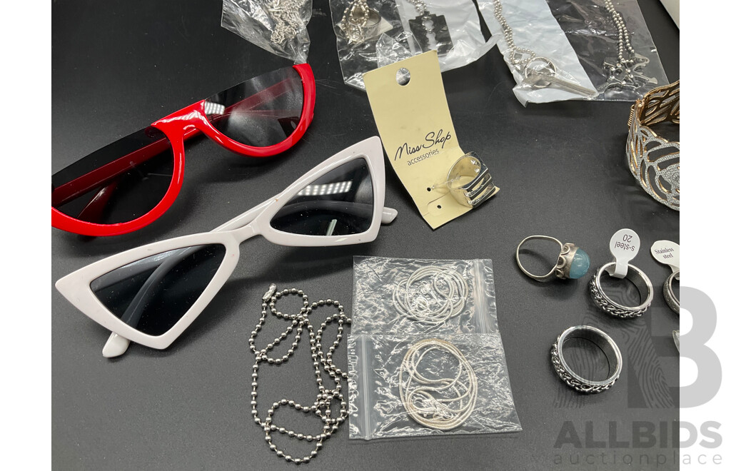 Assorted Costume Jewellery,  Phone Charm Strap, Stainless Steel Rings and Sterling Silver Bracelets - Lot of 23