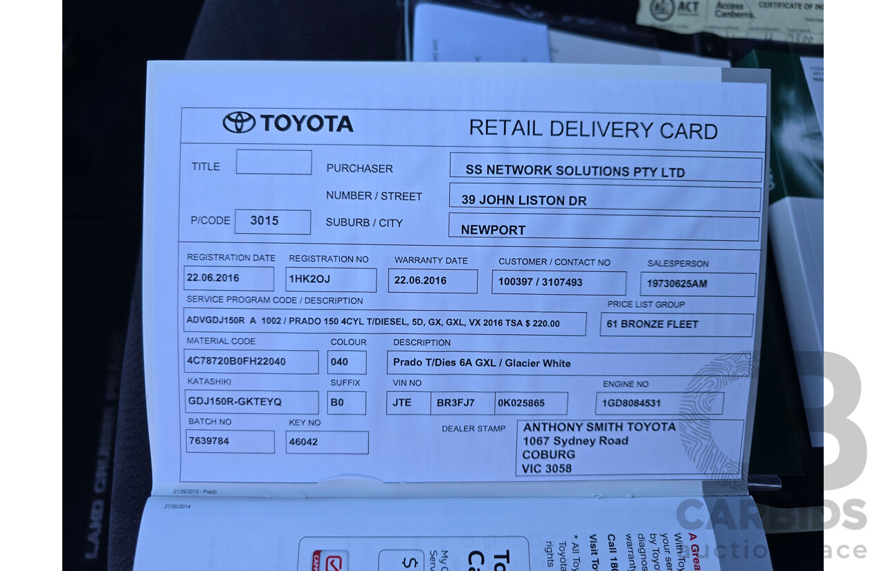 6/2016 Toyota Landcruiser Prado GXL (4x4) GDJ150R MY16 4d Wagon Glacier White Turbo Diesel 2.8L - 7 Seater