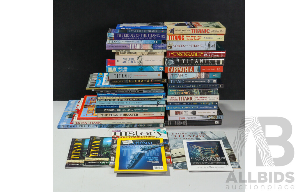Collection Books Regarding the Titanic, Mostly Hardcovers, Including Post Card Album, Wall Chart, Cut Away Book and More