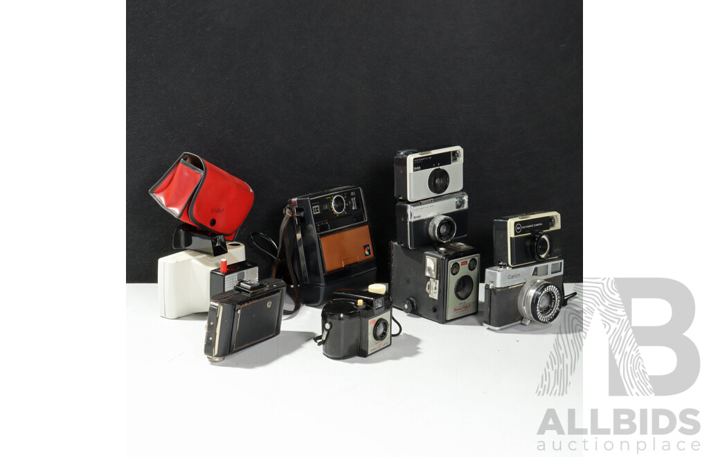Collection Cameras Including Polaroid Swinger Model 20 Land Camera, Kodak Box Brownie Flash II and More