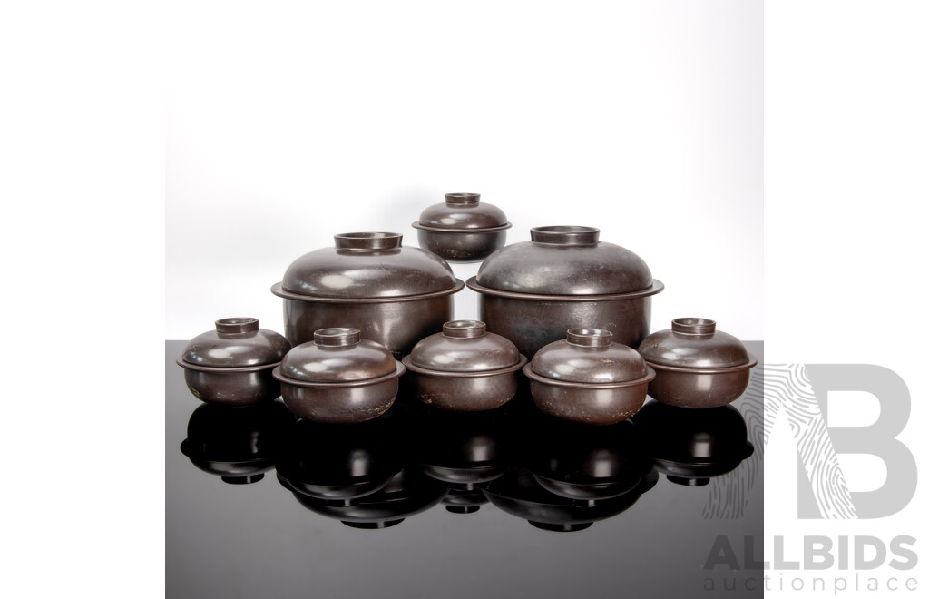 Mid Century Arabia Eight Piece Set Comprising Six Lidded Ramekins and Two Lidded Casseroles