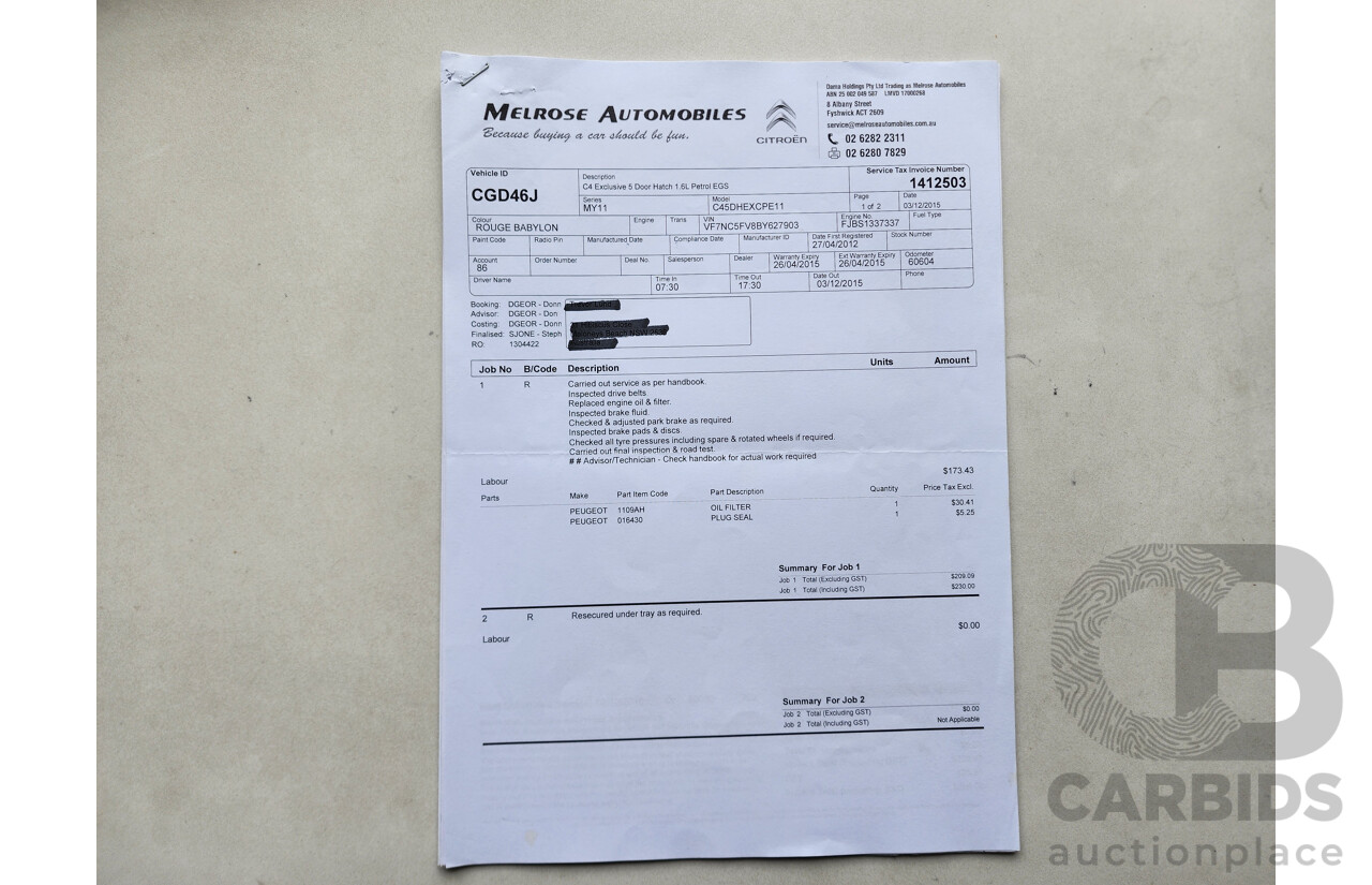 5/2012 Citroen C4 Exclusive Turbo B7 5d Hatchback Red 1.6L