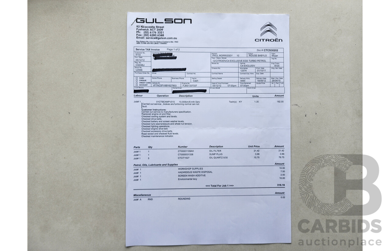 5/2012 Citroen C4 Exclusive Turbo B7 5d Hatchback Red 1.6L